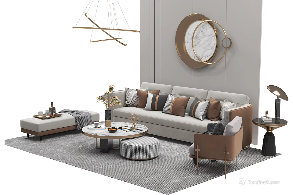 Modern Elegant Sofa Coffee Table Set With Light Gray Upholstery Multiple Pillows And Accent Chair 3d model 