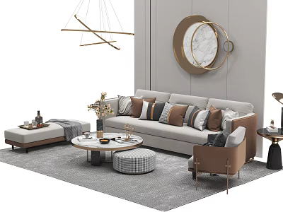 Modern Elegant Sofa Coffee Table Set With Light Gray Upholstery Multiple Pillows And Accent Chair 3d model