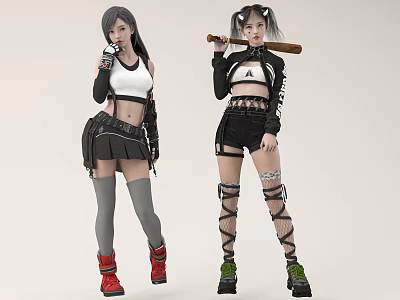 Women In Stylish Outfits Holding Microphone And Baseball Bat With Red Green Shoes 3d model