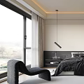 Modern Bedroom With Black Bed Bedside Painting Floor To Ceiling Window And Hanging Lamp