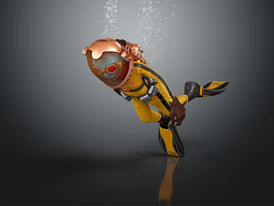 Yellow Suited Diver Character With Copper Helmet Exploring Underwater Marine Life 3d model