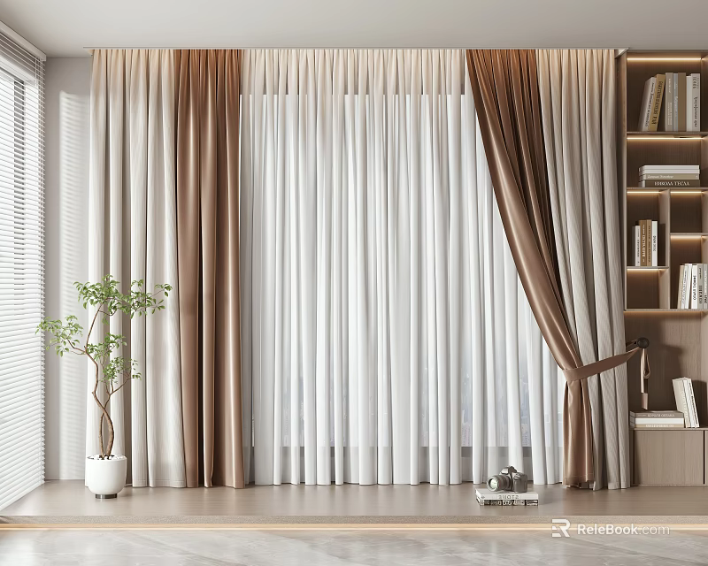 Modern Double Layer Window Curtains White Sheer And Brown Thick With Green Plant Wooden Floor 3d model 
