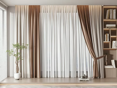 Modern Double Layer Window Curtains White Sheer And Brown Thick With Green Plant Wooden Floor 3d model