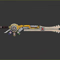 3D Rendered Fantasy Sword With Ornate Gold Silver Accents And Mechanical Details