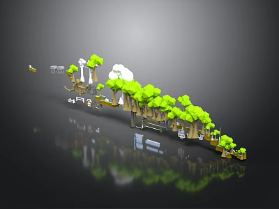 Green Trees in 3D Model Landscape with Brown Trunks Buildings and Black Background Reflection 3d model