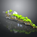 Green Trees in 3D Model Landscape with Brown Trunks Buildings and Black Background Reflection 3d model