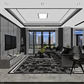 Modern Living Dining Room Interior With Sofa TV Coffee Table Dining Table And Large Windows
