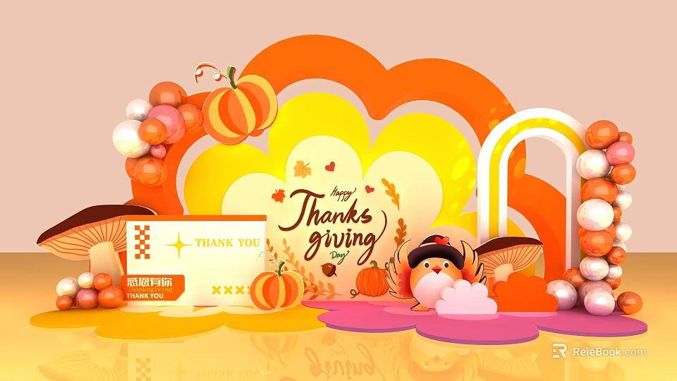 Thanksgiving Decorative Scene With Thank You Card Pumpkin Ornaments Balloon Arrangement And Cloud Background 3d model 