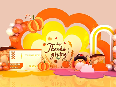 Thanksgiving Decorative Scene With Thank You Card Pumpkin Ornaments Balloon Arrangement And Cloud Background 3d model