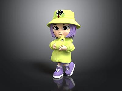 Cute Child With Purple Hair Yellow Bucket Hat Black Eye Design Yellow Coat Purple Shoes 3d model