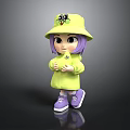 Cute Child With Purple Hair Yellow Bucket Hat Black Eye Design Yellow Coat Purple Shoes