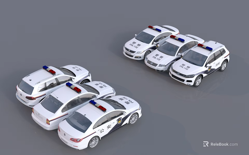 Multiple White Police Cars Including Sedan And SUV With Emergency Lights And POLICE Lettering 3d model 