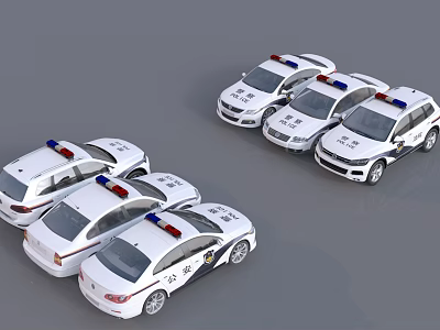 Multiple White Police Cars Including Sedan And SUV With Emergency Lights And POLICE Lettering 3d model