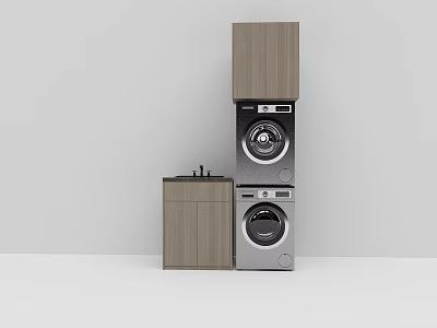 Modern Bathroom Vanity Cabinet With Wooden Panel And Washer Dryer Storage 3d model