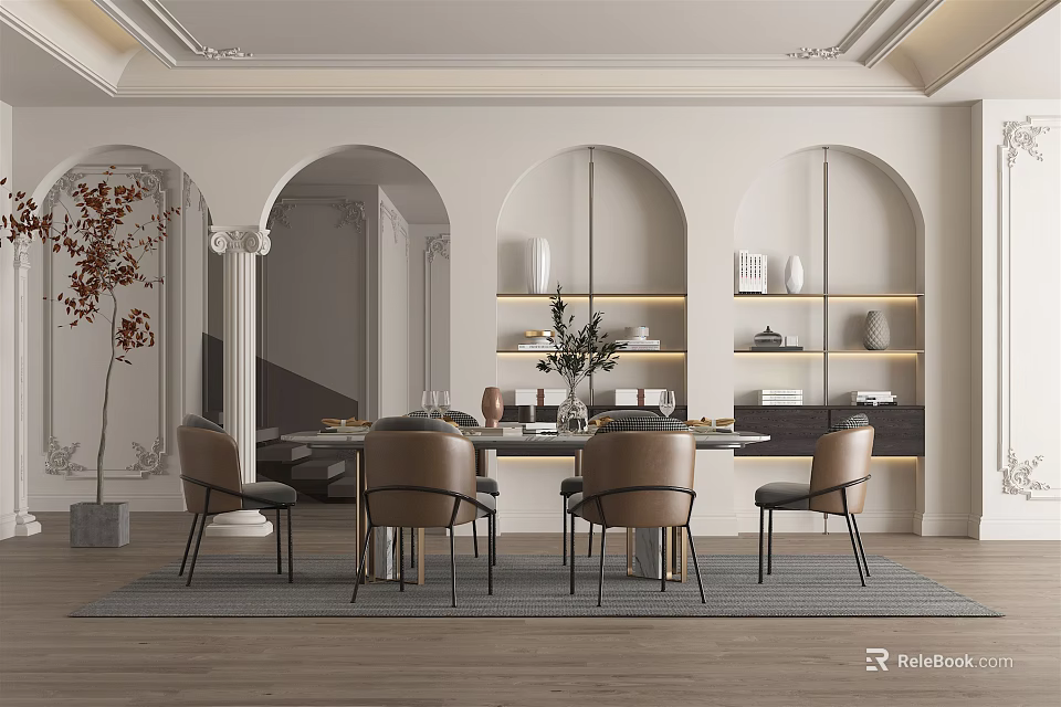 Elegant Modern Restaurant Interior Design With Archways Dining Table Chairs And Decorative Shelves 3d model 