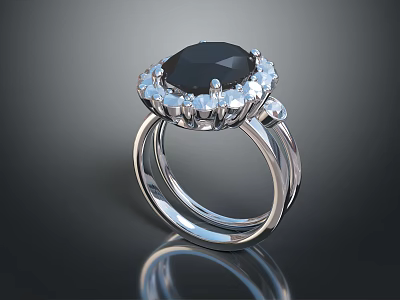 Elegant Fashion Ring With Black Gemstone And White Accent Stones In Silver Setting 3d model