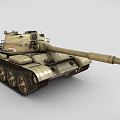 Military Tank with Long Cannon Visible Tracks and Weathered Beige Exterior