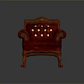 Luxurious Red Ornate Armchair With Detailed Carved Wooden Frame And Gold Buttons