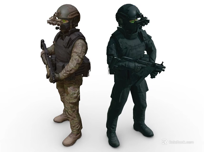 Game And Movie Characters In Tactical Gear With Camouflage Dark Uniforms Helmets Goggles Holding Rifles 3d model 