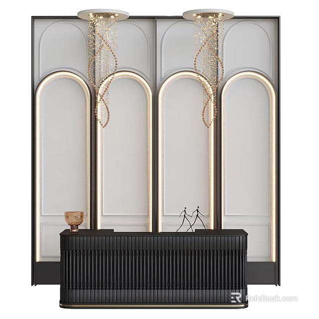 Black Ribbed Reception Desk With Golden Chandeliers And White Arched Wall Lighting 3d model 