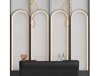 Black Ribbed Reception Desk With Golden Chandeliers And White Arched Wall Lighting 3d model