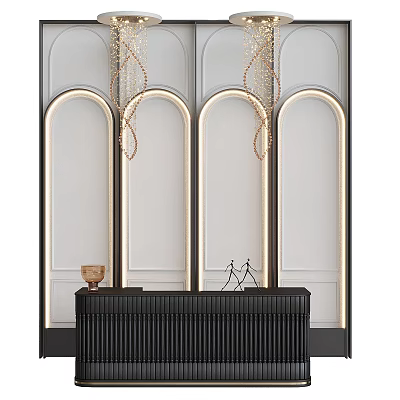 Black Ribbed Reception Desk With Golden Chandeliers And White Arched Wall Lighting 3d model