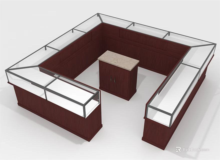 Wooden Glass Showcase Shelves with Polygon Structure and Central Display Counter for Retail Products 3d model 