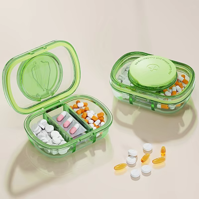Green Pill Organizer With Compartments For Daily Medication Pills And Capsules 3d model