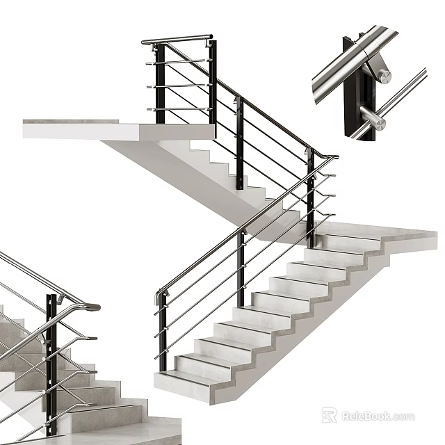 Modern Staircase Design With Metal Railings And Concrete Steps Structure 3d model
