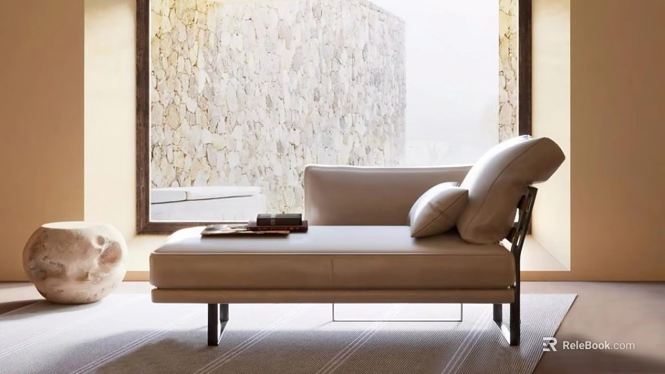 Beige Chaise Lounge With Pillows And Books Near Stone Textured Wall Window And Rug 3d model 