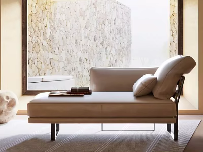 Beige Chaise Lounge With Pillows And Books Near Stone Textured Wall Window And Rug 3d model