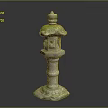 Traditional Stone Lantern Moss Covered Top Cover Lantern Chamber And Pedestal Base Garden Decorative Element