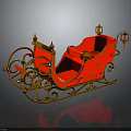 Red And Gold Decorative Sleigh With Curved Frame Red Seat Gold Lanterns And Reflection