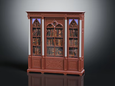 Classic Wooden Bookcase with Carved Details and Arched Glass Doors Filled with Vintage Books 3d model