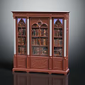 Classic Wooden Bookcase with Carved Details and Arched Glass Doors Filled with Vintage Books