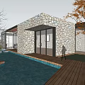 Modern Sales Office Building With Courtyard Water Feature Greenery Stone Wall And Glass Facade Design