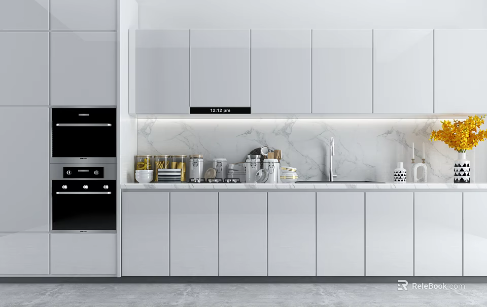 White Cabinets In Modern Kitchen With Marble Backsplash Countertop And Sink 3d model 