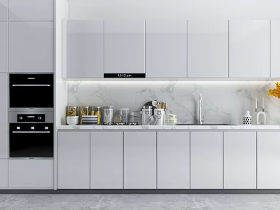 White Cabinets In Modern Kitchen With Marble Backsplash Countertop And Sink 3d model