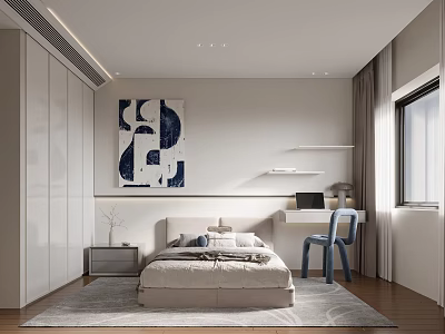 Modern Bedroom Interior Design With Comfortable Bed Wardrobe And Decorative Art 3d model