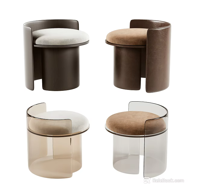 Modern Stylish Sofa Stools With Wooden Base Light Gray Cushion And Transparent Base Brown Cushion 3d model 