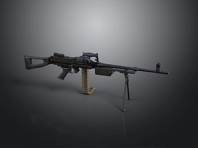 Military Style Heavy Duty Machine Gun With Tripod Stand Ammunition Belt And Metal Body 3d model