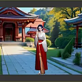 Blue Haired Female In Traditional Kimono With Red Shrine And Garden Plants