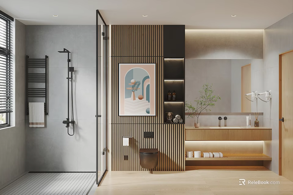 Modern Bathroom Interior Design With Glass Shower Toilet Wooden Vanity Mirror And Artwork 3d model 