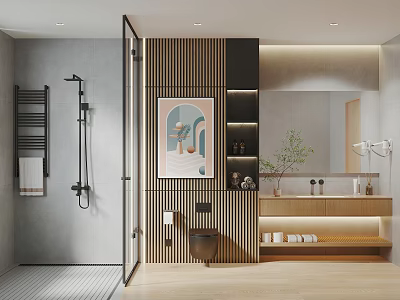 Modern Bathroom Interior Design With Glass Shower Toilet Wooden Vanity Mirror And Artwork 3d model