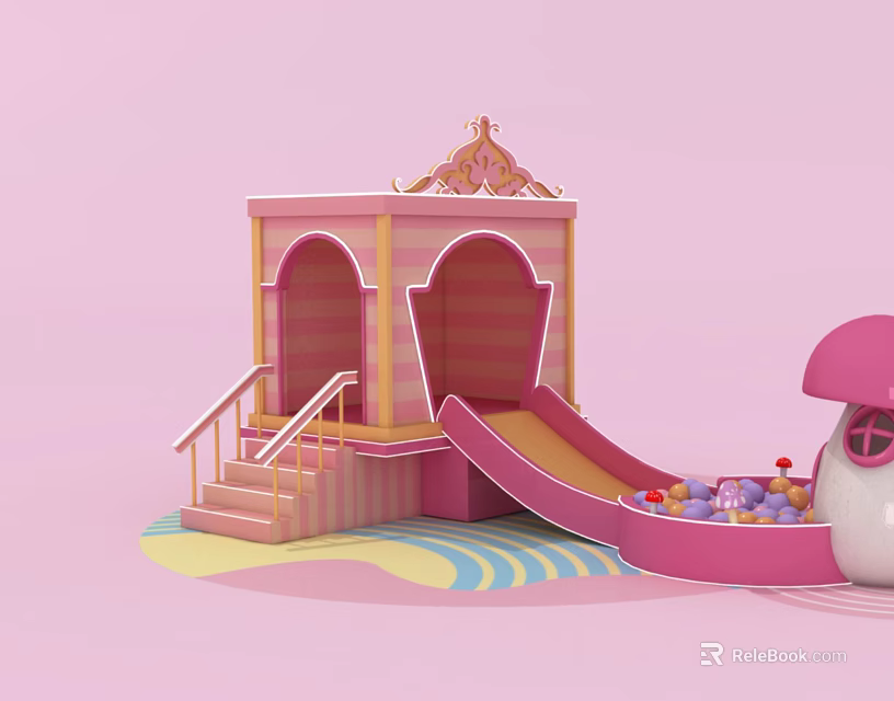 Pink Children Play Structure With Wooden Steps Slide And Mushroom Shaped Ball Pit 3d model 