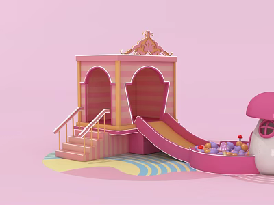 Pink Children Play Structure With Wooden Steps Slide And Mushroom Shaped Ball Pit 3d model