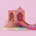 Pink Children Play Structure With Wooden Steps Slide And Mushroom Shaped Ball Pit