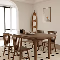 Modern Wooden Dining Table And Chairs Set In Kitchen With Tile Wall And Cabinets