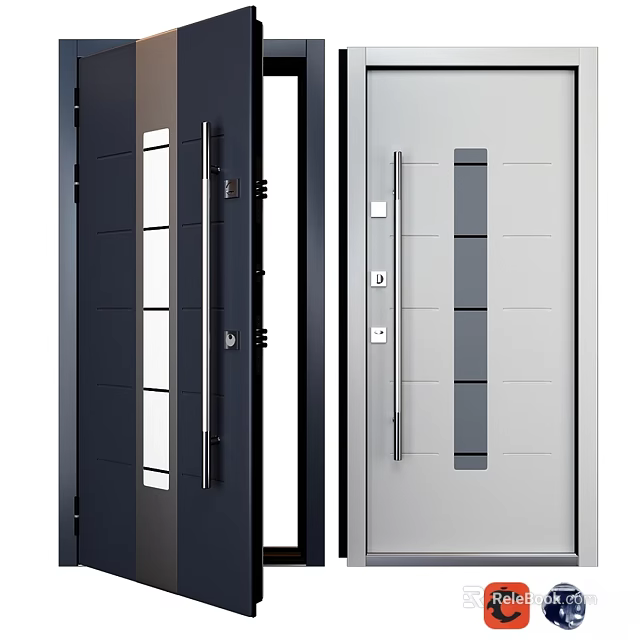 Modern Side-Hinged Doors Featuring Vertical Glass Panels Gray Strips Metal Handles And Locks 3d model 