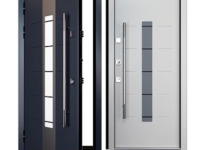 Modern Side-Hinged Doors Featuring Vertical Glass Panels Gray Strips Metal Handles And Locks 3d model